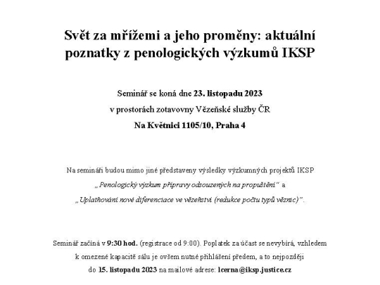 Odborný seminář „Svět za mřížemi a jeho proměny: aktuální poznatky z penologických výzkumů IKSP“